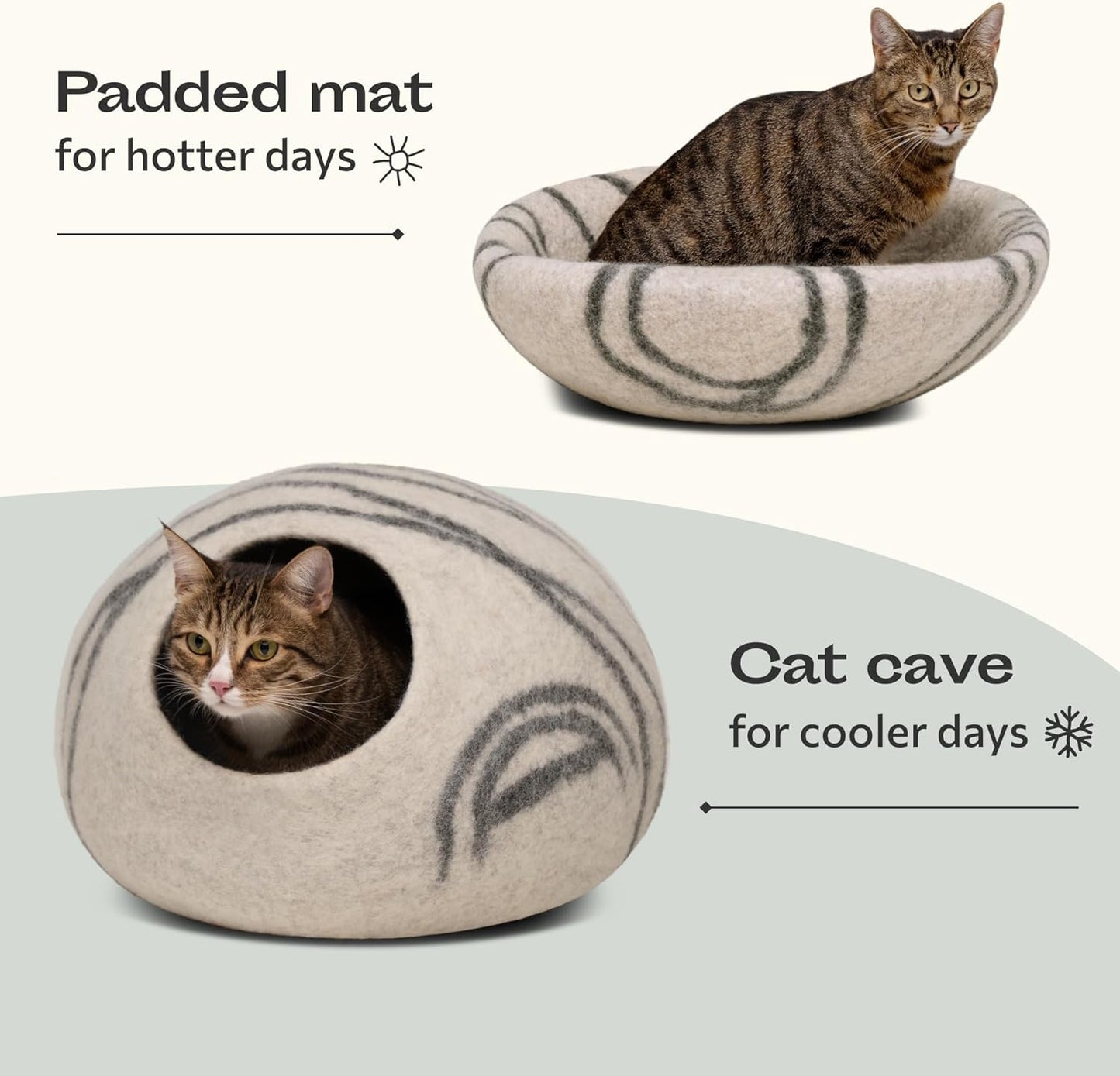 Cat Cave – Premium Felt Cat Bed for Indoor Cats, Handmade Merino Wool (Light Grey, Large)