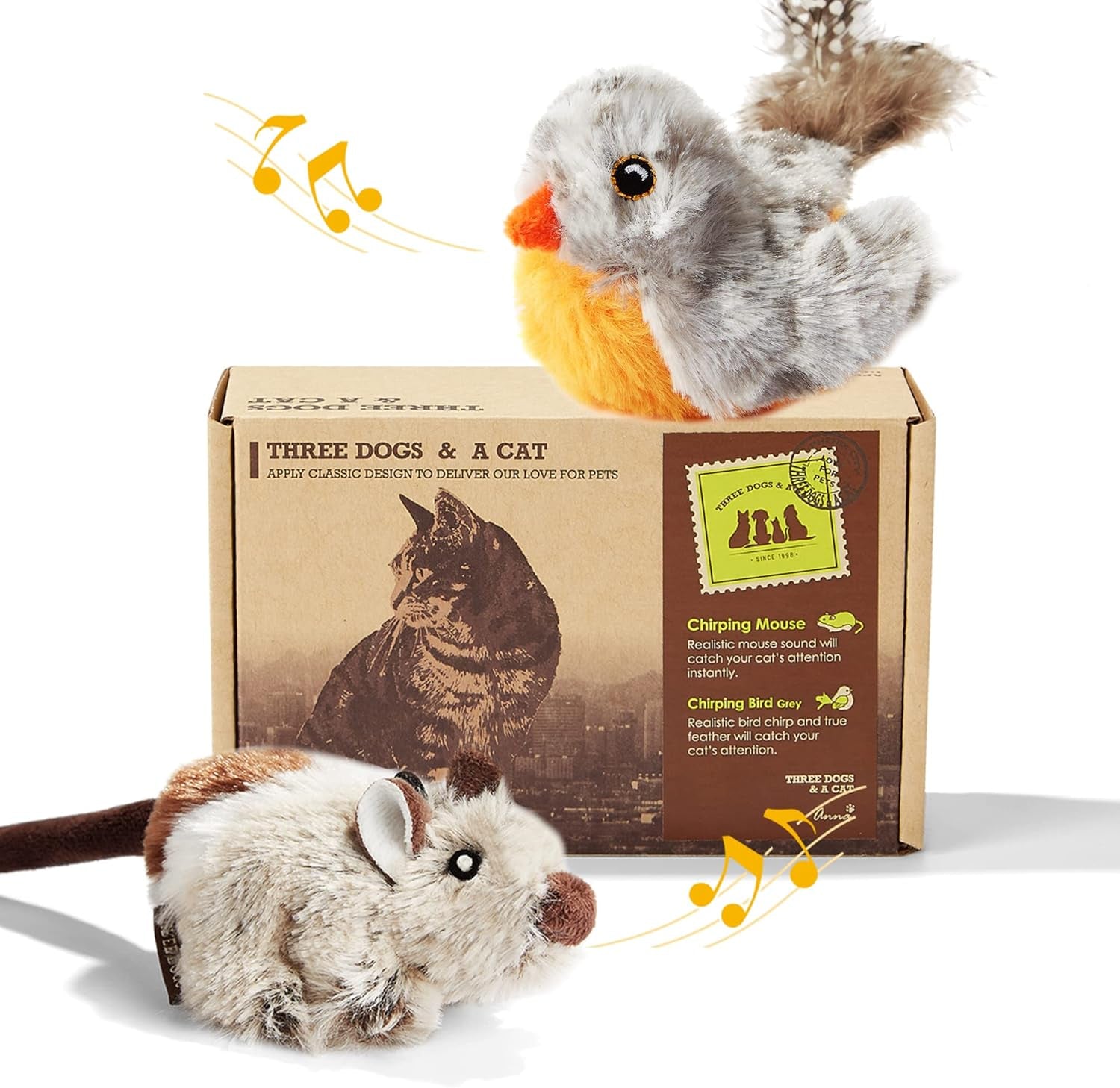2 Pack Cat Toys Interactive for Indoor Cats Feather Squeaky Bird & Mouse Kitten Plush Toys, Three Dogs & a Cat Melody Chaser Motion Activated Kitty Toys with Bird Chirping